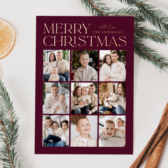 Modern Christmas Wine 9 Photo Collage Foil Holiday Card (Creator Uploaded)