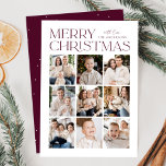 Modern Christmas Wine 9 Photo Collage Holiday Card<br><div class="desc">Modern Christmas photo card featuring "Merry Christmas" displayed at the top of the design in trendy wine lettering with a white background. A photo collage of 9 photos is shown below in a grid-style layout. Personalize the multi-photo Christmas card with your family name. The card reverses to display a wine...</div>