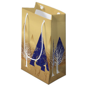 Modern Christmas Winter Deer Scene Gold Blue Small Gift Bag