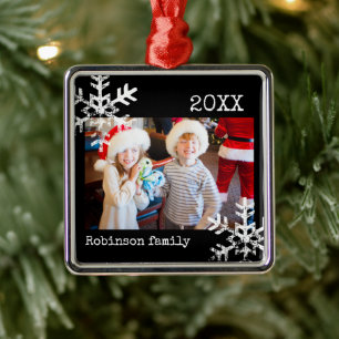Modern Christmas Winter Snowflake Photo Metal Ornament