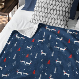Modern Christmas Winter Woodland Navy Blue Fleece Blanket