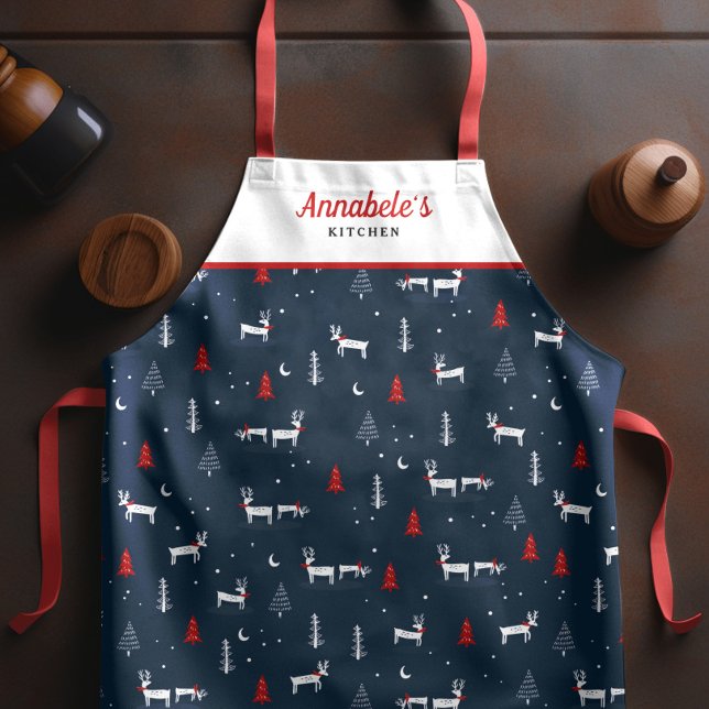 Modern Christmas Winter Woodland Personalise White Apron (Creator Uploaded)