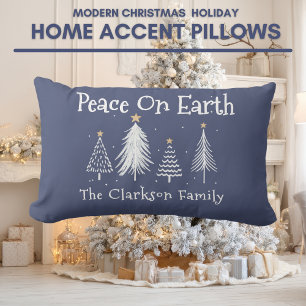 Modern Christmas with Family Name Accent Blue Lumbar Cushion