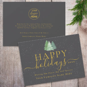 Modern Christmas Woodland Business Logo Grey Gold Holiday Card