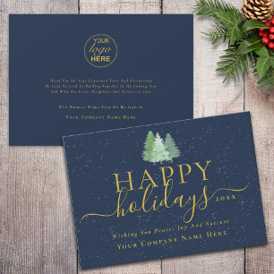Modern Christmas Woodland Company Logo Blue Gold Holiday Card