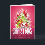 Modern Christmas Wrapped Presents & Tree - Festive Card<br><div class="desc">Holiday greeting card with a cool Christmas illustration. The text says Merry Christmas & Happy New Year. Designed with a tree shaped mound of presents with festive snowflakes,  stars,  christmas baubles and glowy looking sparkles. The background is a vibrant reddish pink colour.</div>