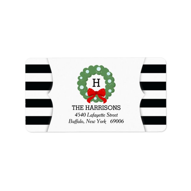 Modern Christmas Wreath Black White Stripes Label (Front)