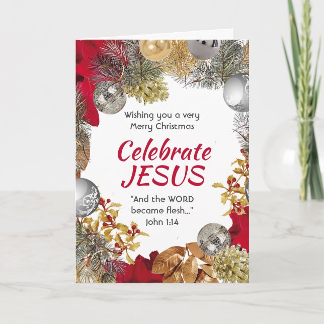 Modern Christmas Wreath CELEBRATE JESUS Christmas Holiday Card (Front)