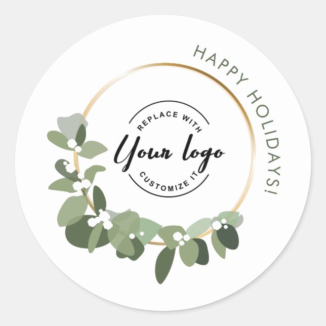 Modern Christmas Wreath Custom logo Happy Holidays Classic Round Sticker (Front)