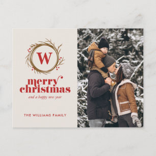 Modern Christmas Wreath Custom Photo Holiday Postcard