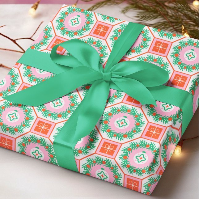 Modern Christmas Wreath Gift Geometric Pattern  Wrapping Paper (Creator Uploaded)