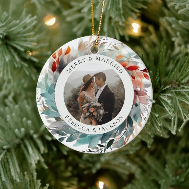 Modern Christmas Wreath | Married and Merry Photo Ceramic Ornament (Tree)
