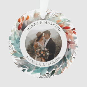 Modern Christmas Wreath   Married and Merry Photo Ornament