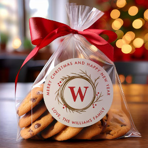 Modern Christmas Wreath Monogrammed Classic Round Sticker