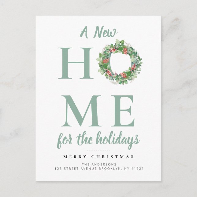 modern christmas wreath moving announcement postcard (Front)