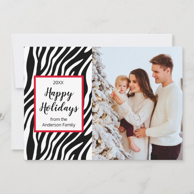 Modern Christmas Zebra Stripe Custom Photo Holiday Card (Front)