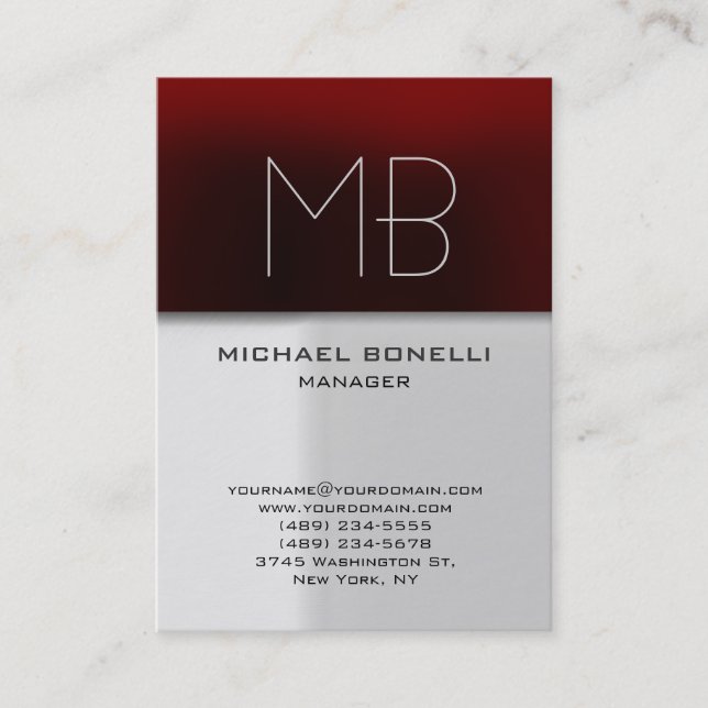 Modern chubby grey red monogram business card (Front)