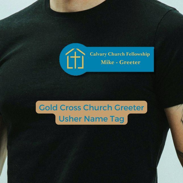 Modern Church Greeter Usher Gold Cross Name Tag (Creator Uploaded)