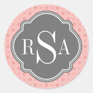 Modern Circle Blush Pink Grey Monogram Classic Round Sticker