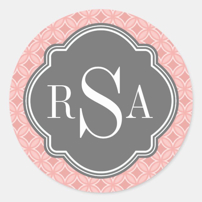 Modern Circle Blush Pink Grey Monogram Classic Round Sticker (Front)