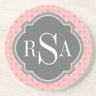 Modern Circle Blush Pink Grey Monogram Coaster
