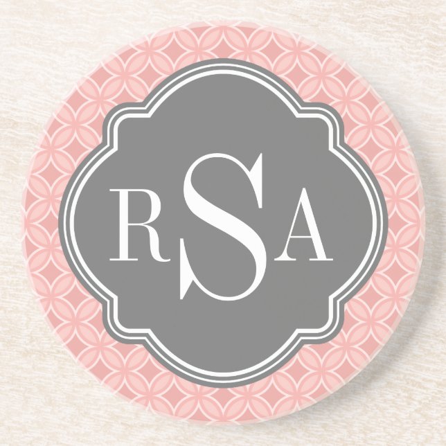 Modern Circle Blush Pink Grey Monogram Coaster (Front)