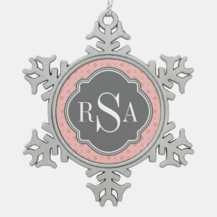 Modern Circle Blush Pink Grey Monogram Snowflake Pewter Christmas Ornament