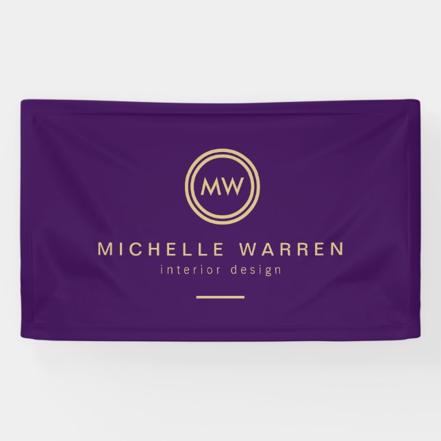 Modern Circle Monogram Initials on Royal Purple Banner (Horizontal)