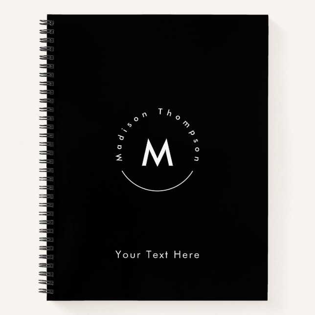 Modern Circle Monogrammed Personal Name Logo Black Notebook (Front)