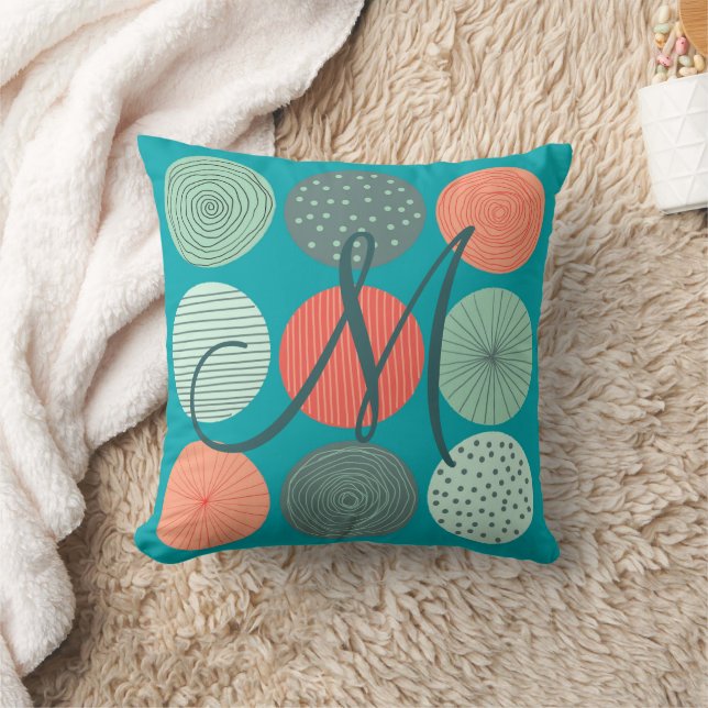 Modern Circle Pattern Mint Green Orange Monogram Cushion (Blanket)