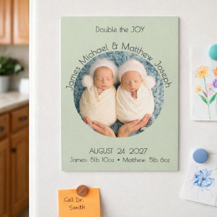 Modern Circle Photo Twin Magnet Birth Announcement