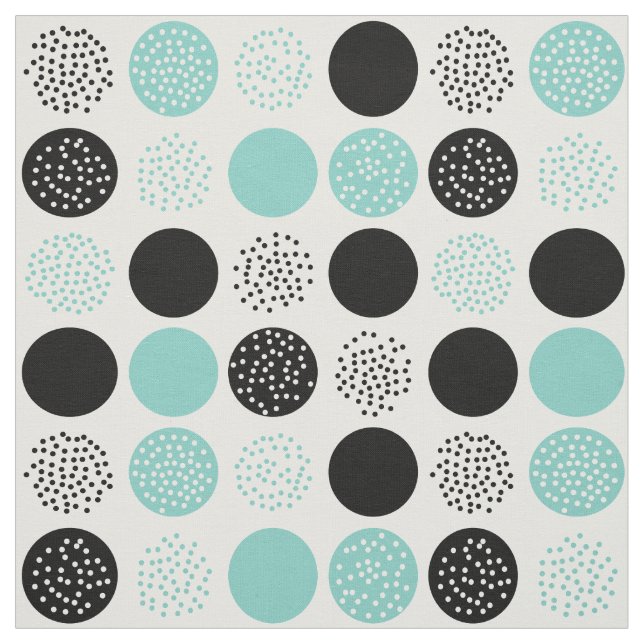 Modern Circles Dots White Black Aqua Fabric (Swatch)