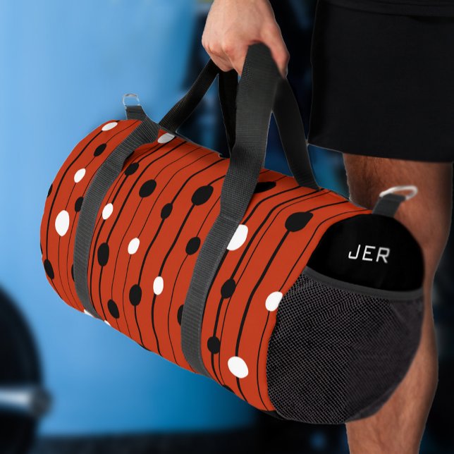 Modern Circles Lines Pattern Red Black Cool Custom Duffle Bag (Modern Circles Lines Pattern Red Black Cool Custom Duffle Bag Close Up)