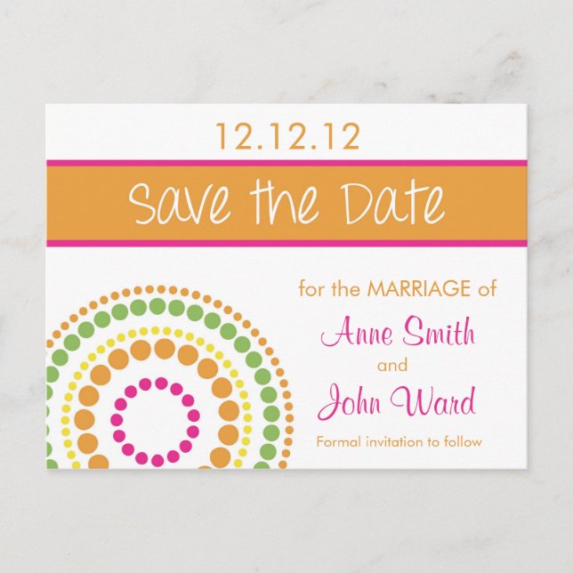 Modern Circles Save the Date - Pink & Orange Announcement Postcard (Front)