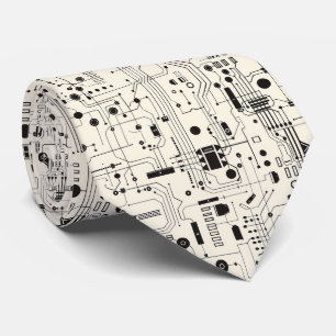 Modern Circuit Pattern Black and Beige Tie