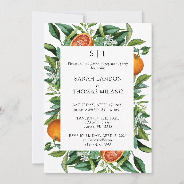 Modern Citrus Orange Foliage Engagement Party Invitation (Front)