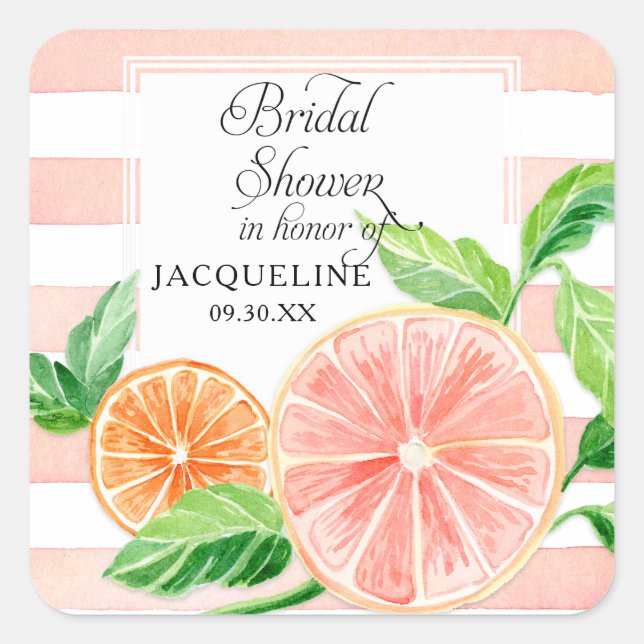 Modern Citrus Pink Grapefruit Orange Bridal Shower Square Sticker (Front)