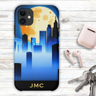 Modern City Skyline with Full Moon Signature iPhone 11 Case