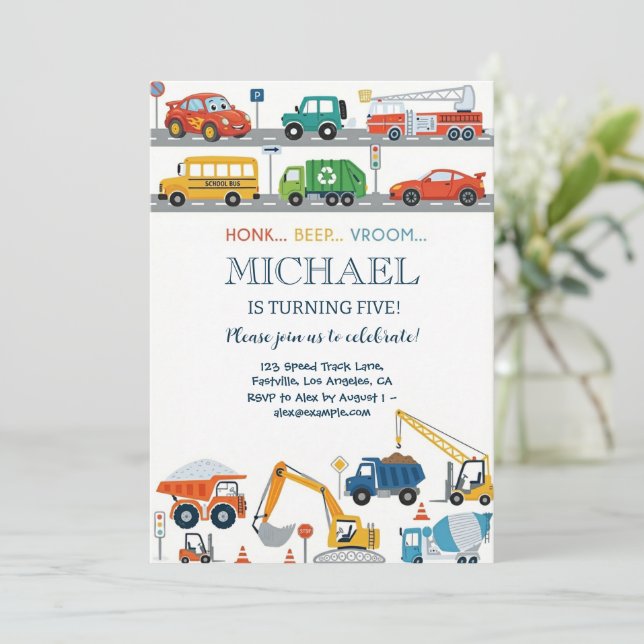Modern City Transportation birthday Party Invitation (Standing Front)
