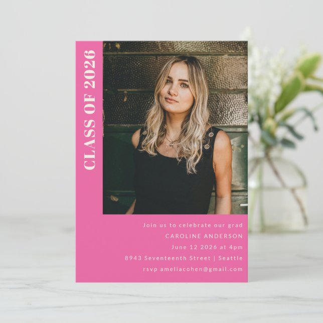 Modern Class 2023 Hot Pink Photo Graduation Party Invitation (Standing Front)