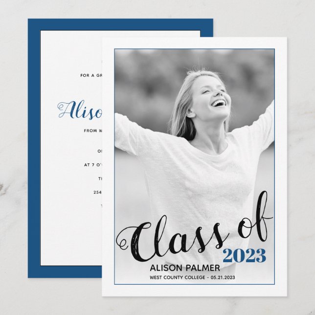 Modern Class of 2023 script classic blue photo Invitation (Front/Back)