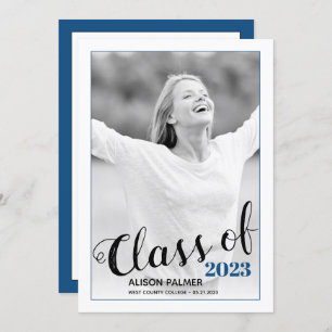 Modern Class of 2023 script classic blue photo Invitation