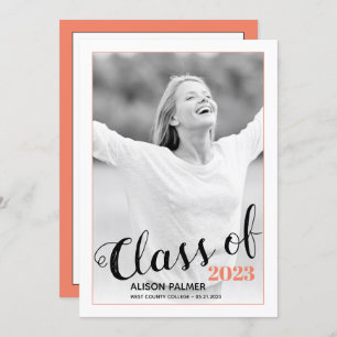 Modern Class of 2023 script coral border photo Invitation