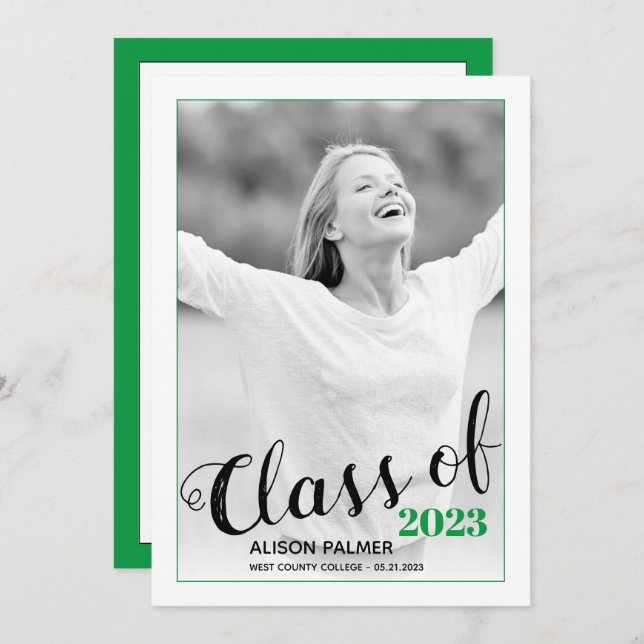 Modern Class of 2023 script green border photo Invitation (Front/Back)