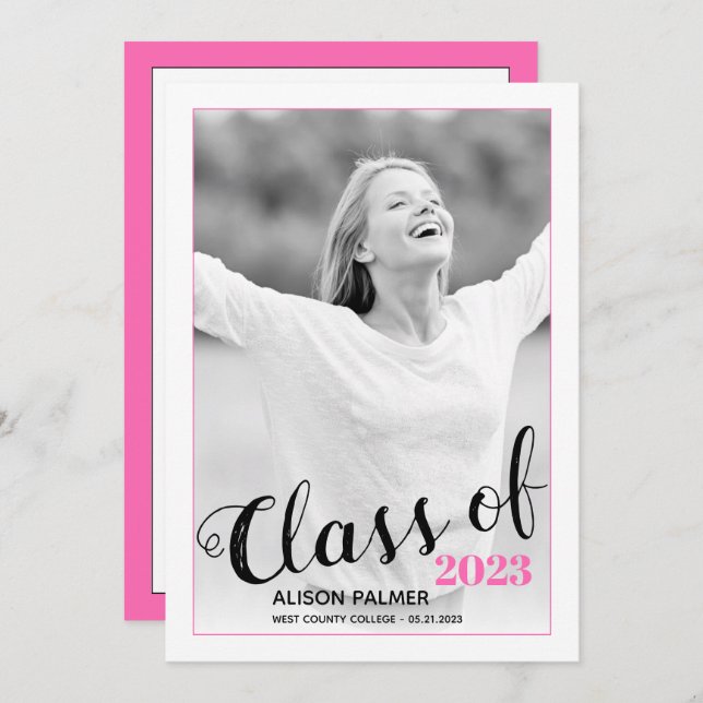 Modern Class of 2023 script hot pink photo Invitation (Front/Back)