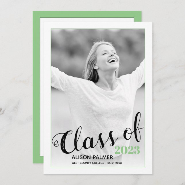 Modern Class of 2023 script sage green photo Invitation (Front/Back)
