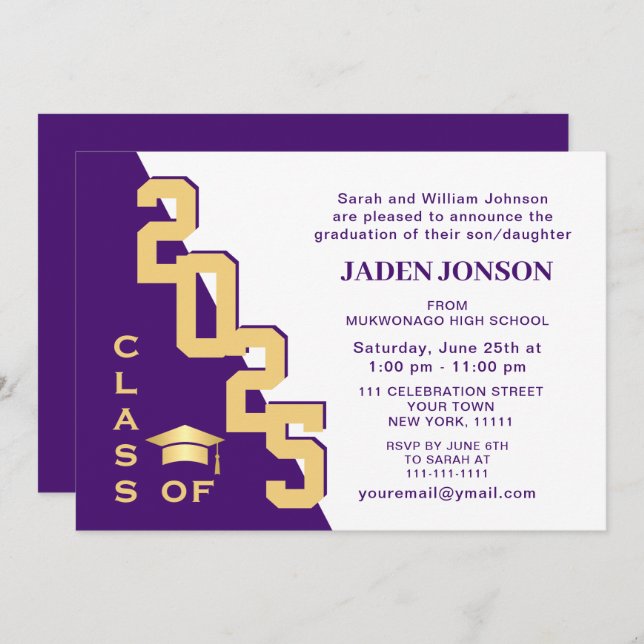 Modern Class of 2024 Gold Purple Graduation Party Invitation (Front/Back)