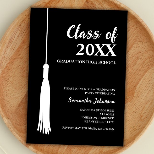 Modern Class Of 2024 Grad Tassel Graduation Invitation (graduation party invitation class of 2024 modern minimalist simple black and white grad tassel)