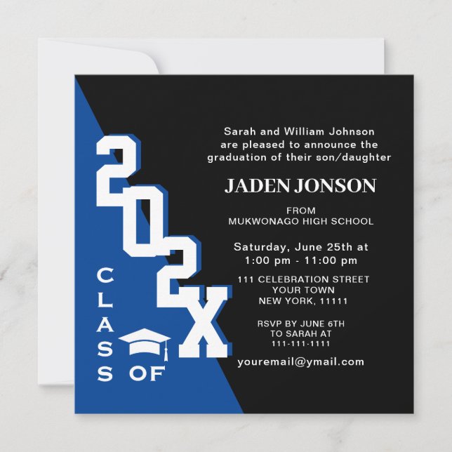 Modern Class of 2025 Blue Black Graduation Party Invitation (Front)