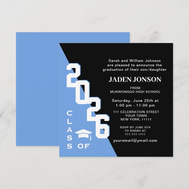 Modern Class of 2025 Blue Black Graduation Party Invitation (Front/Back)